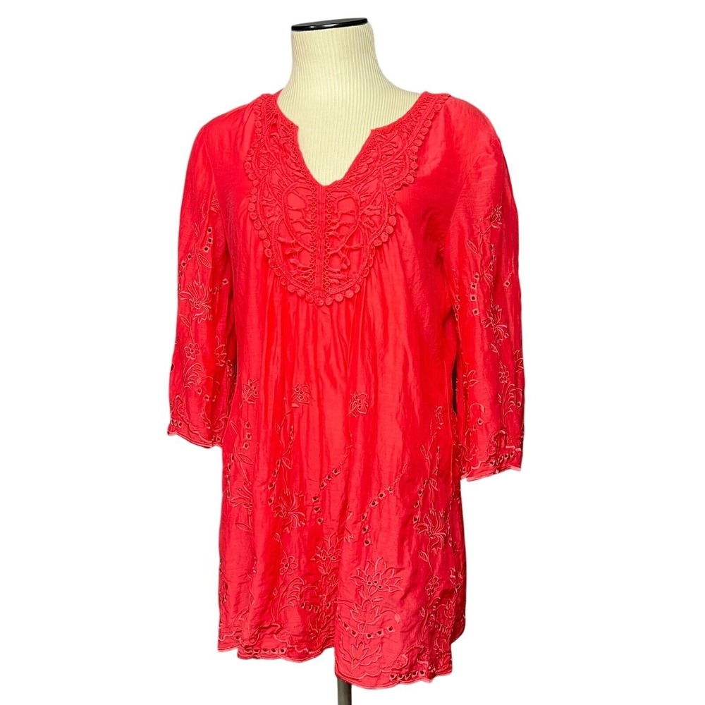 Chicos Sz. 0 Coral Embroidered Bell Sleeve‎ V-Neck Tunic Top Eyelet Boho Summer